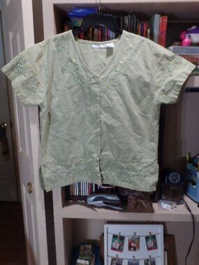 Allison Whitmore light olive embroidered cotton blouse